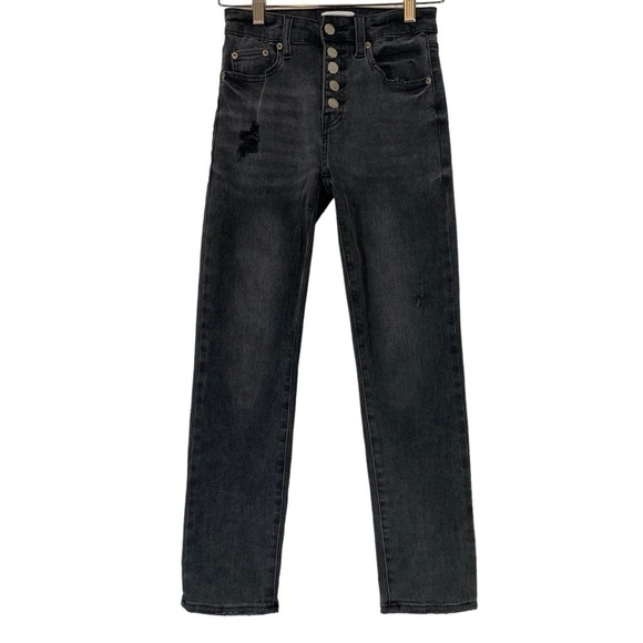 Anthropologie Pistola High Rise Distressed Slim Straight Leg Jeans Black Size 24 - Picture 1 of 8